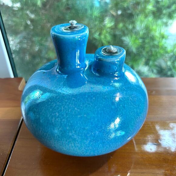 Vintage Latterman Studio Pottery Oil Lamp – Blue Glazed Double Spout, - Picture 1 of 12